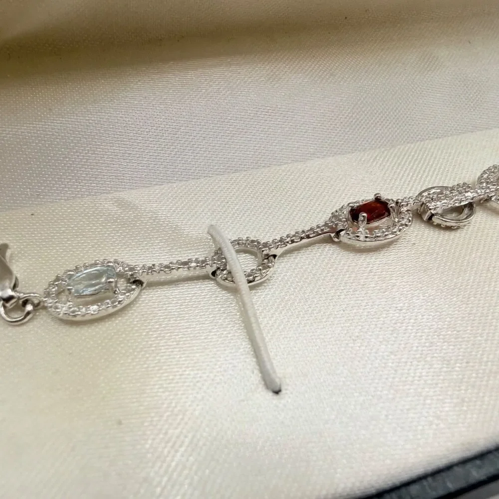 925 Sterling Silver Genuine Multi Gemstone Tennis Bracelet Blue Topaz Garnet NOS